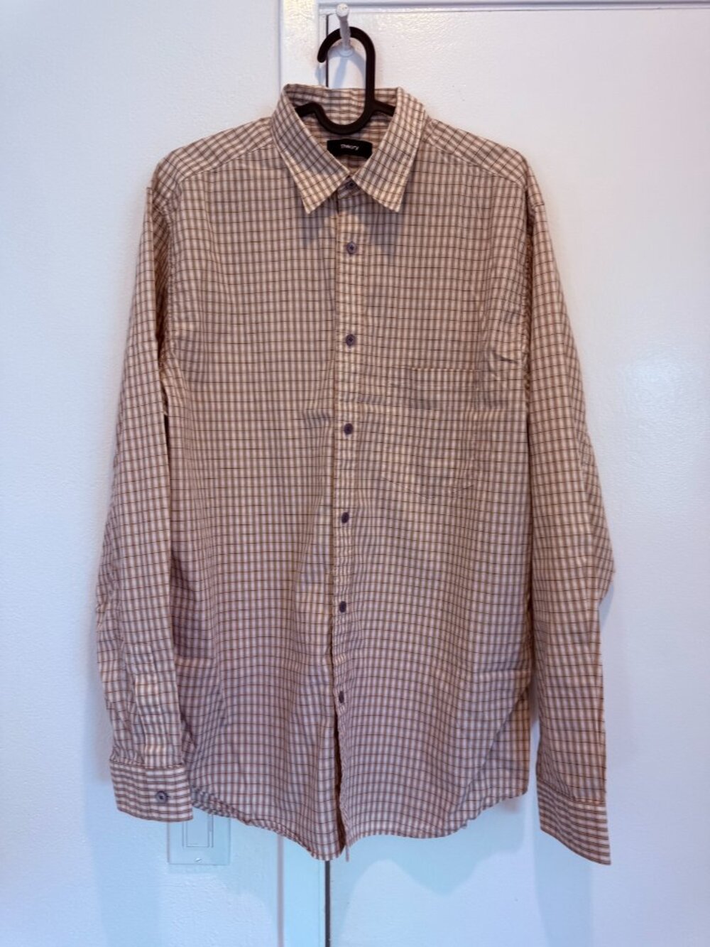 Theory Men's Tan Windowpane Check Button-Down Shirt, Size M